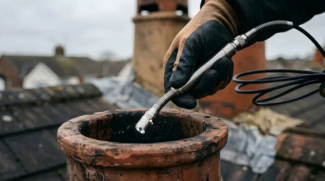 Inspection camera lowered into a clay chimney pot on a roof