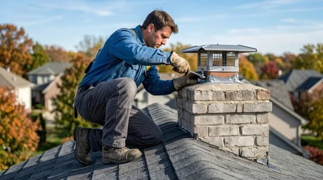 Technician fitting a stainless chimney cap with fall trees around the house