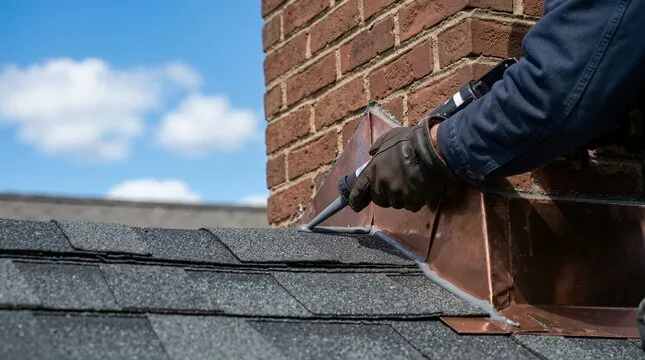 Copper flashing sealed where a brick chimney meets the shingles