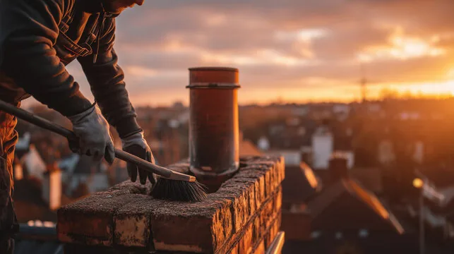 Brushing a chimney top at dusk