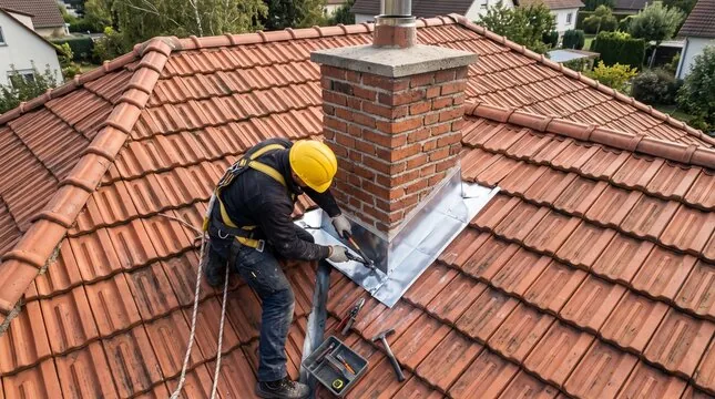 Harnessed roofer installing chimney flashing on tile