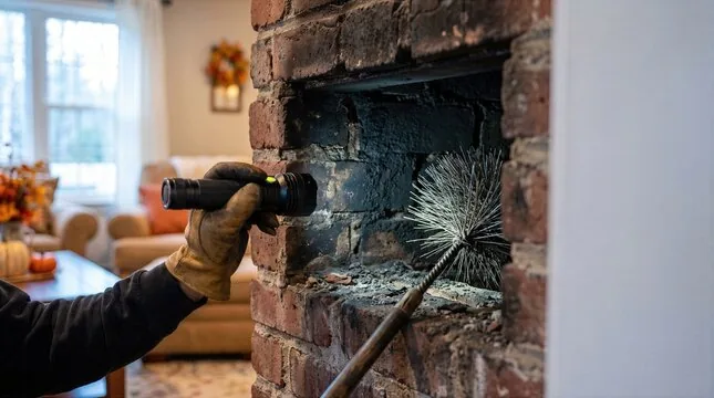 Flashlight inspection of a living room fireplace