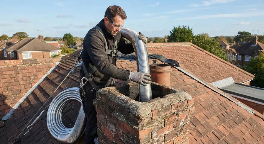 Harnessed technician feeding a stainless liner into a brick chimney on a tile roof
