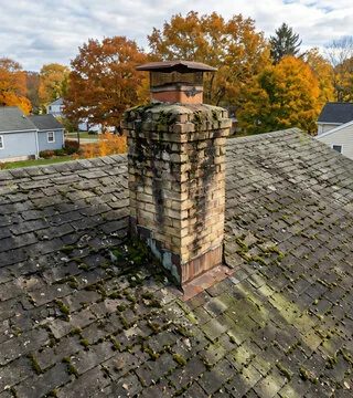 Before: chimney streaked with moss and grime under heavy tree cover