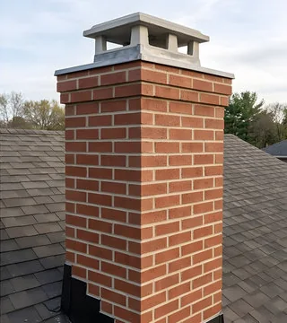After: ranch-house chimney rebuilt in new red brick with a crown and light cap
